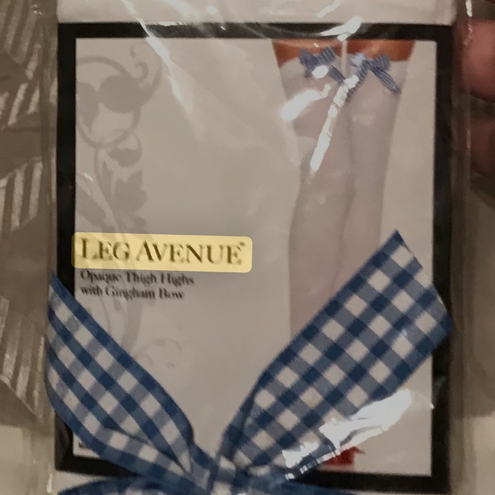 Leg Avenue White Thigh Highs with Blue Gingham Bow